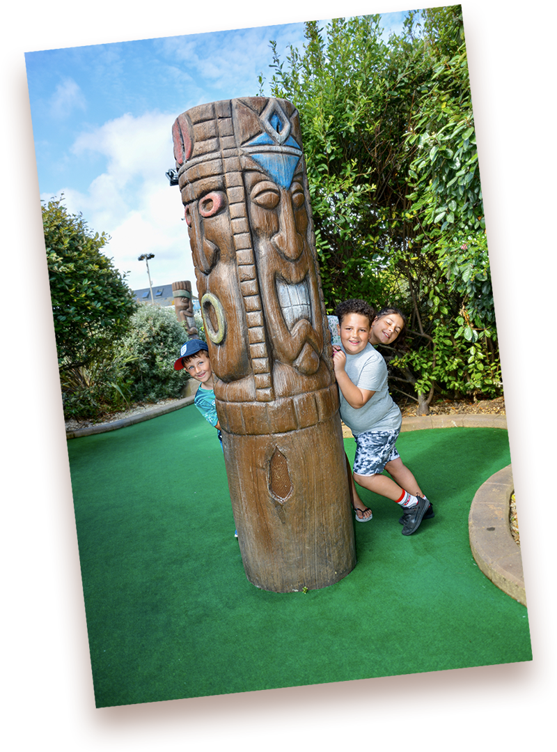 A talking Tiki on the adventure golf course at hastings